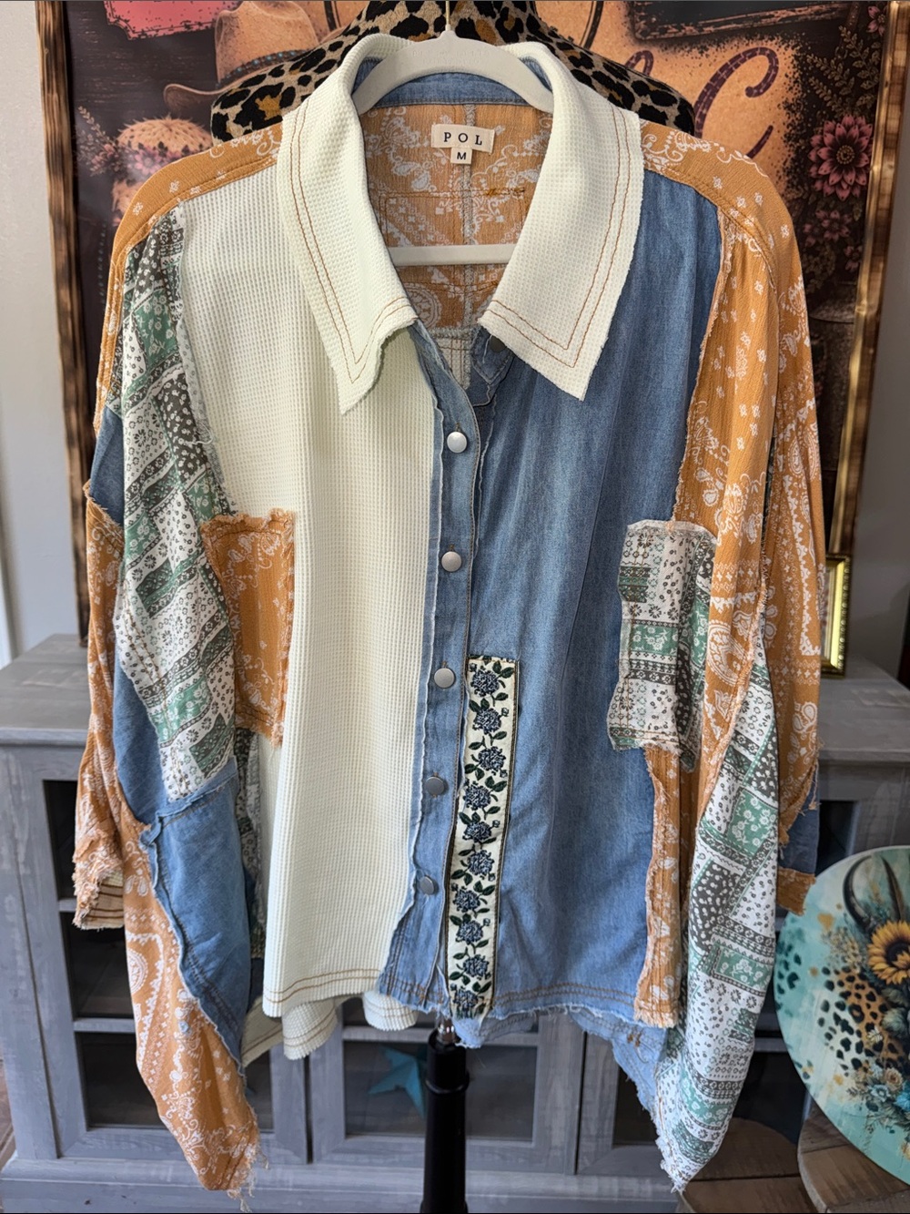 POL Mixed Media Boho Patchwork Oversized Top Women's Size Medium